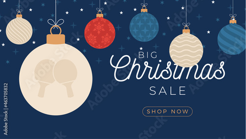 Ping pong christmas sale banner. Merry Christmas and Happy New Year flat cartoon Sports banner. table tennis ball as a xmas ball on background. Vector illustration.