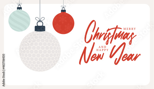 Golf christmas greeting card. Merry Christmas and Happy New Year flat cartoon Sports banner. golf ball as a xmas ball on background. Vector illustration.