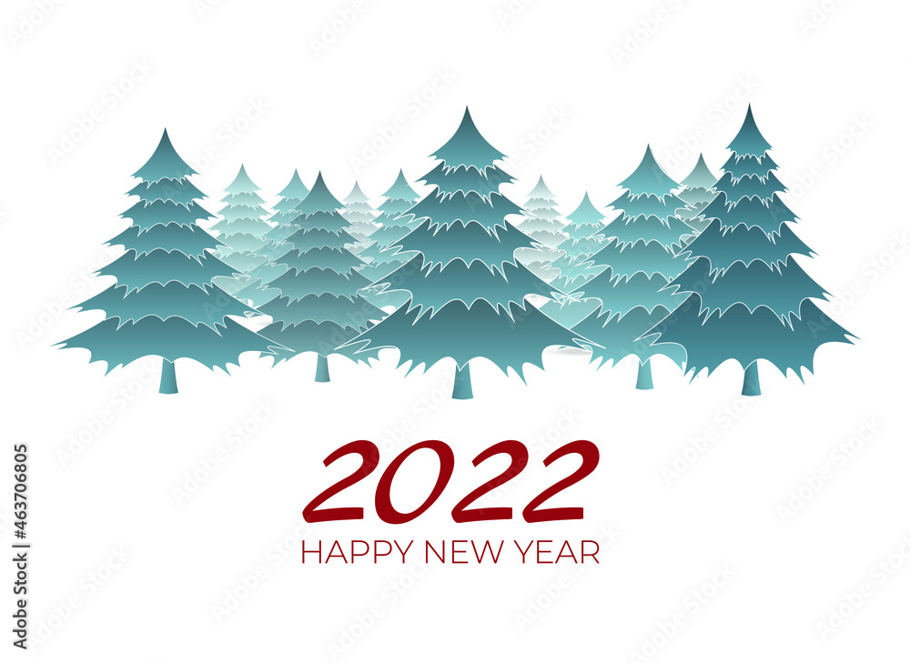 2022 Happy New Year greeting card.Christmas trees on white background