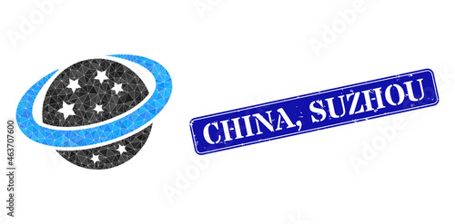 Low-poly space planet constructed from scattered filled triangles, and grunge China, Suzhou seal stamp. Blue rounded framed rectangle seal has China, Suzhou tag inside framed rectangle form.