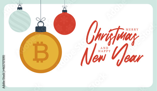 Merry Christmas bitcoin symbol banner. bitcoin sign as christmas bauble ball hanging greeting card. Vector image for xmas, finance, new years day, banking, money