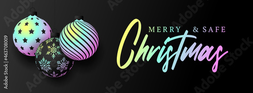 Christmas greeting card Holographic foil bauble ball. Merry Christmas and Happy New Year banner with iridescent realistic festive ball gradient holographic neon shade color. Vector illustration © lunarts_studio