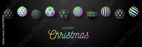Christmas greeting card Holographic foil bauble ball. Merry Christmas and Happy New Year banner with iridescent realistic festive ball gradient holographic neon shade color. Vector illustration