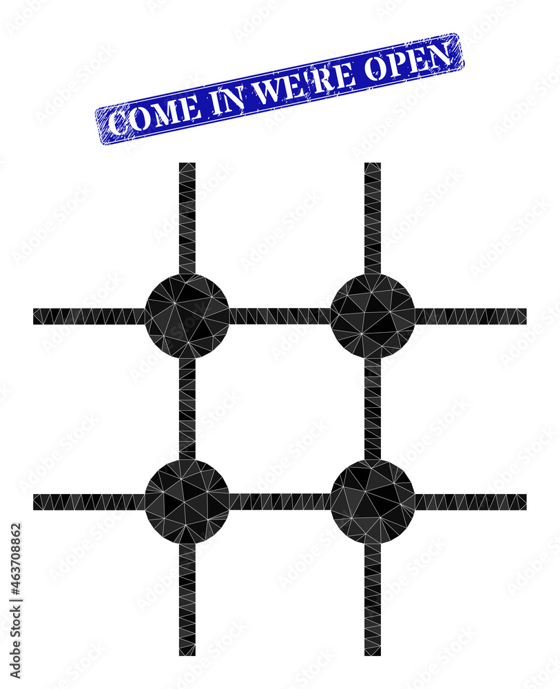 Fototapeta premium Low-poly incomplete grid structure constructed with randomized filled triangles, and grunge Come in We'Re Open stamp.