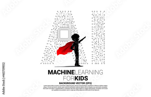 Silhouette of kid in superhero suit with dot connect line shaped AI and CPU center. Concept for machine learning and artificial intelligence for future.