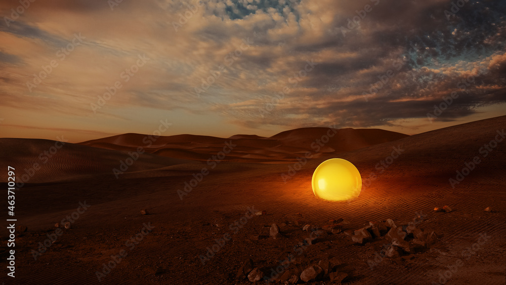Desert landscape at sunset with light sphere