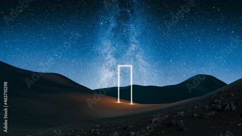 Desert landscape with a light gate under a starry sky photo