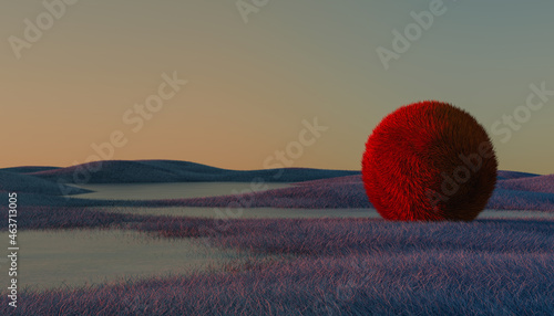 hairy sphere posing on hills photo