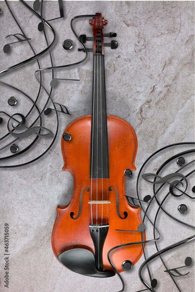 Classic Violin with music notes on desk background