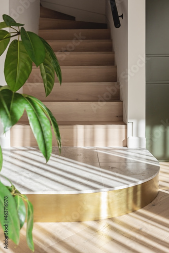 A curved brass step and wooden staircase photo