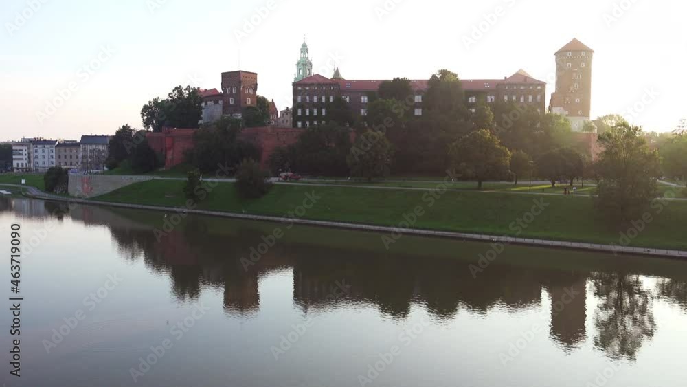 Aerial view of Old Town in Krakow, Poland. Wawel Hill with Castle and historical buildings surrounded by Vistula River Aerial view of Old Town in Krakow, Poland. Wawel Hill with Castle and historical buildings surrounded by Vistula River
