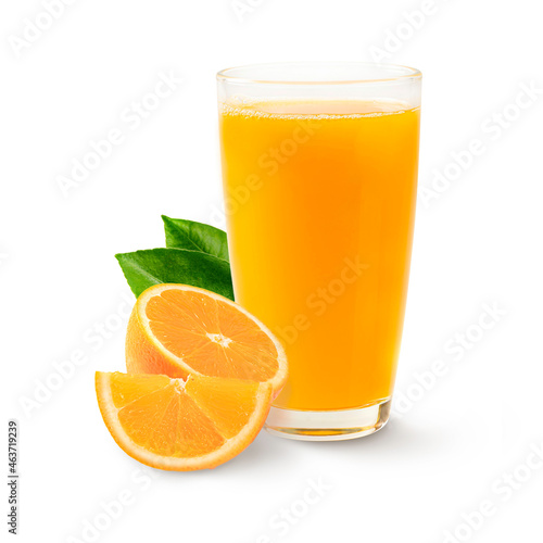 Fresh orange juice in glass with half and leaves on white background.