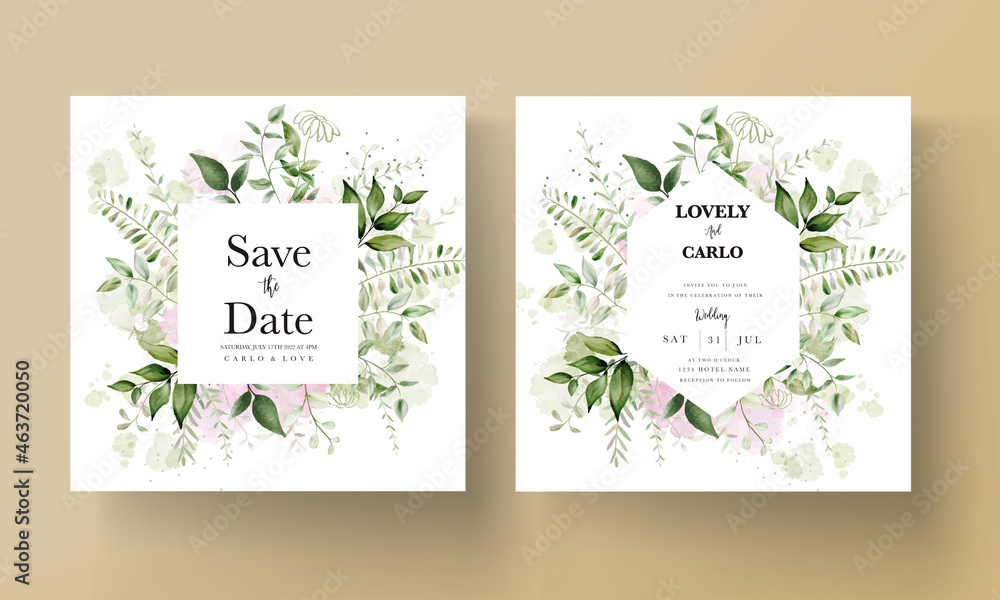 modern wedding invitation card with watercolor leaves