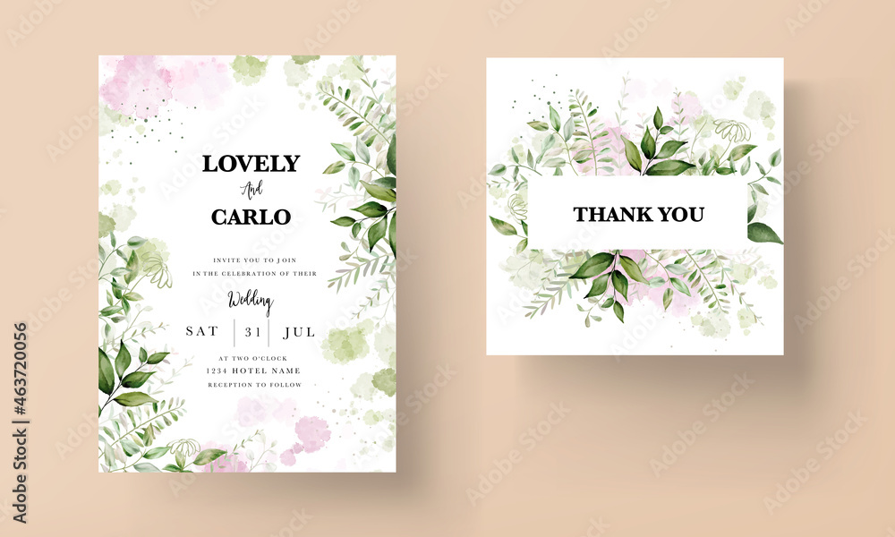 modern wedding invitation card with watercolor leaves