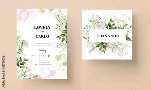 modern wedding invitation card with watercolor leaves
