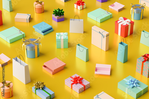 Presents: scattered colorful gifts and gift bags photo