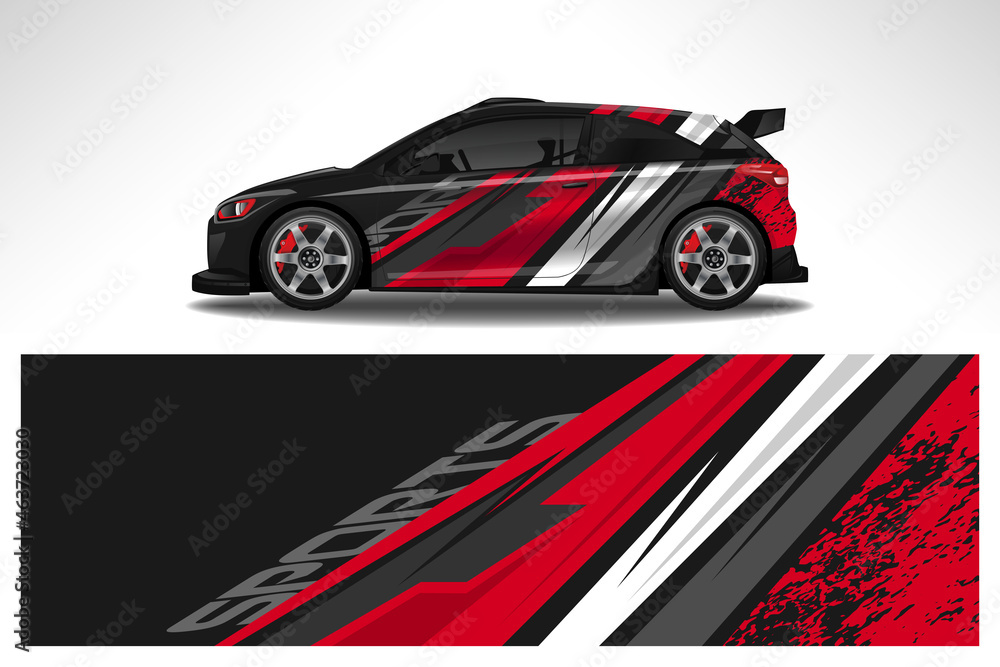 Obraz premium Car wrap design race livery vehicle decal vector. Graphic abstract stripe racing background kit designs for vehicle, race car, rally, adventure and livery