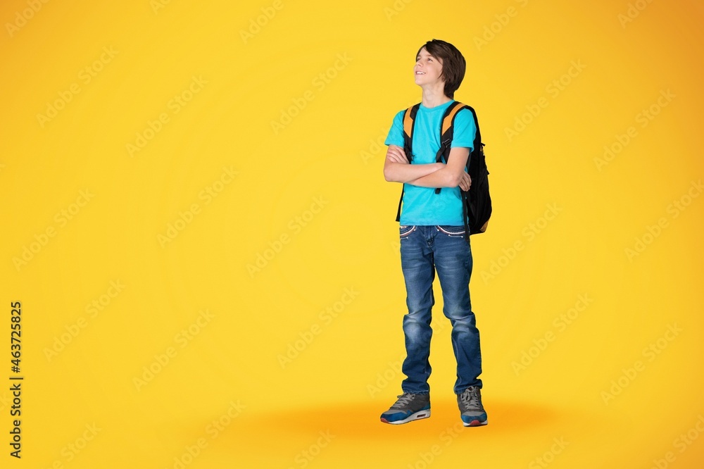 Cute little boy go wear bag and uniform on the background
