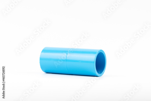 blue PVC plastic pipe fitting isolated on white background, use for water system