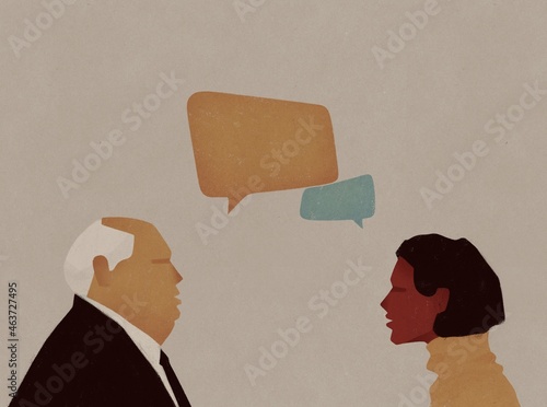 a man and a woman communicate with speech bubbles