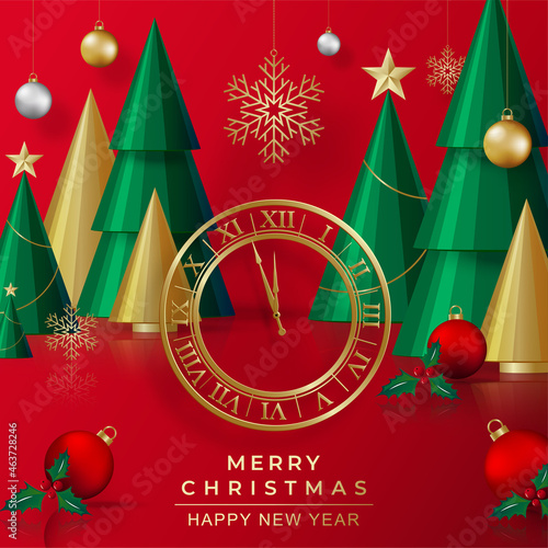 Podium round stage style, for Merry christmas and happy new year and festivals or greeting festival with red paper cut art and craft on color backgroung with festive elements.