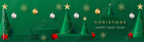 Podium round stage style, for Merry christmas and happy new year and festivals or greeting festival with red paper cut art and craft on color backgroung with festive elements.