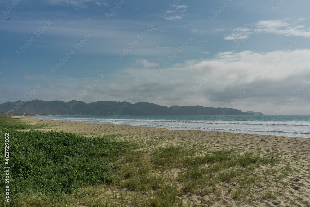 Clouds over the Beach with green grass growing on the sand