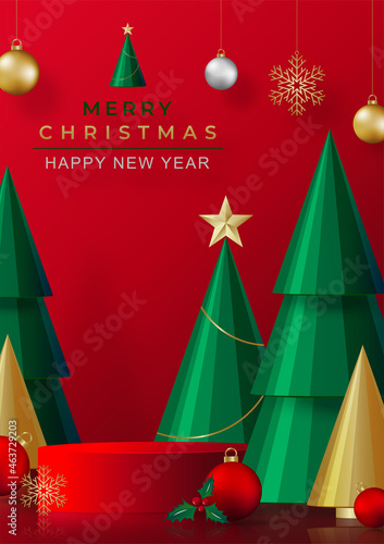 Podium round stage style, for Merry christmas and happy new year and festivals or greeting festival with red paper cut art and craft on color backgroung with festive elements.