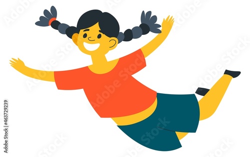 Smiling child playing, jumping girl kid vector