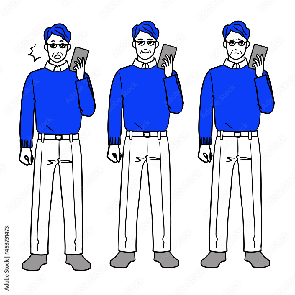スマートフォンを操作するメガネをかけたシニア男性の表情3セット スマートフォンを操作するメガネをかけたシニア男性の表情3セット