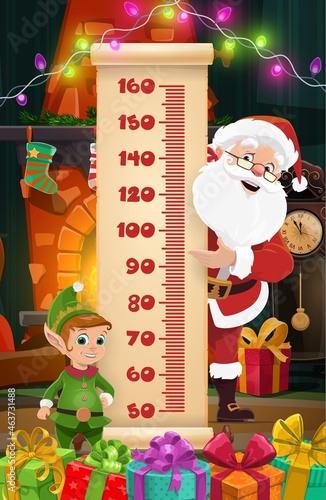 Christmas kids height chart Santa and elf with gifts growth measure. Vector wall sticker meter for children with cartoon characters elf and Santa Claus, scale, fireplace, xmas garland and presents