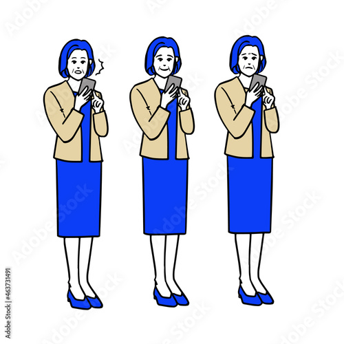 スマートフォンを操作する働くシニア女性の表情３セットの全身線画