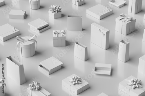 Presents: scattered white gifts and gift bags photo