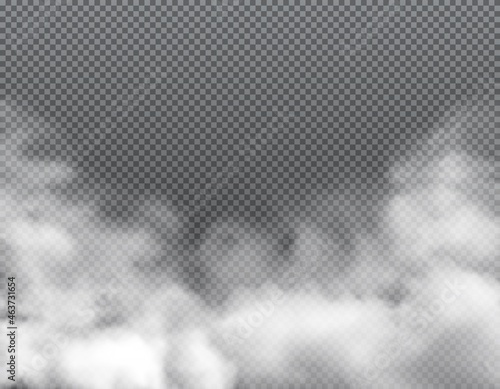 Fog or clouds, smoke toxic steaming vapour with dust smog, realistic vector background. Clouds of white smog, or dusty explosion of gas and vapor of smoky powder and toxic air splash