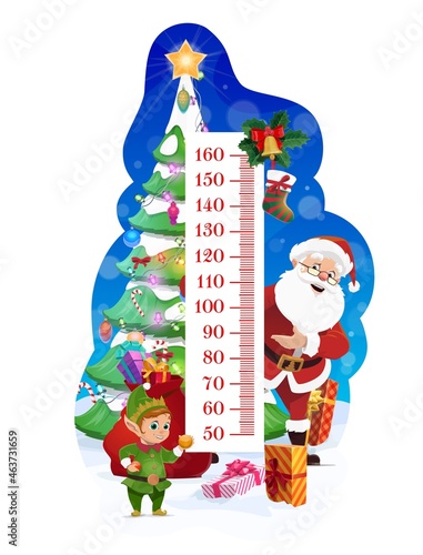 Kids height chart with Christmas tree and Santa. Children growth meter, child height centimeters ruler vector scale with funny elf, decorated spruce and Santa sack with Christmas gifts, stocking sock