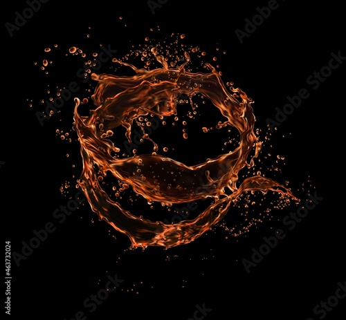 Cola drink or whiskey wave splash on dark background. Soda beverage or bourbon alcohol isolated swirl. Realistic vector 3d liquid splash of rum, brandy, cognac, cold tea drink splashing motion