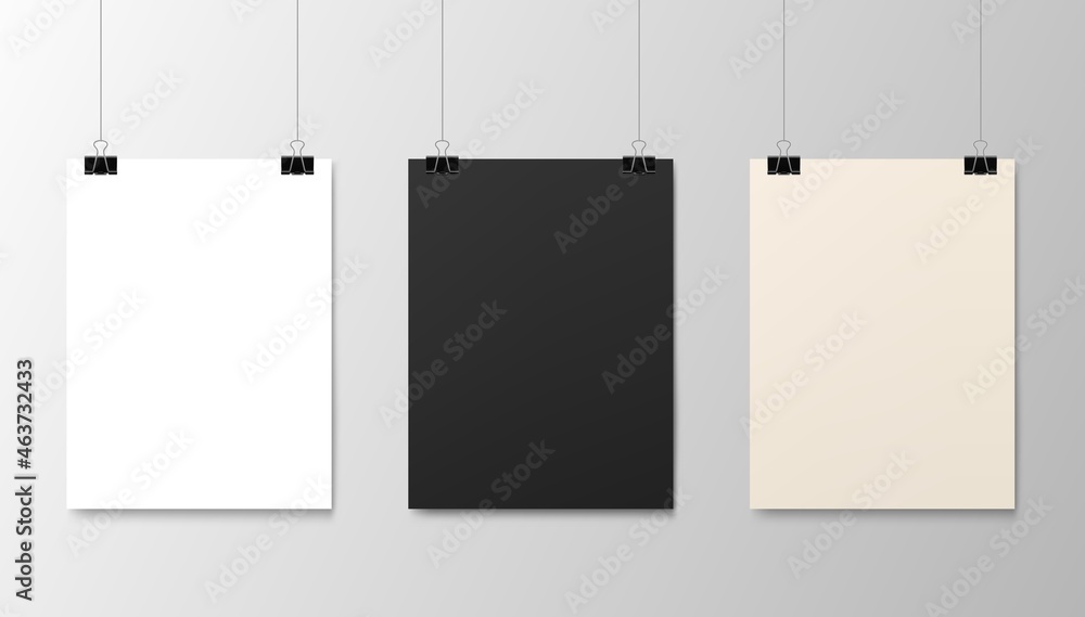 Hanging paper posters mockups, vector realistic sheets of paper on strings. Photo gallery posters on wall, blank white and black board frames hanging on binder clips, exhibition picture canvas Hanging paper posters mockups, vector realistic sheets of paper on strings. Photo gallery posters on wall, blank white and black board frames hanging on binder clips, exhibition picture canvas