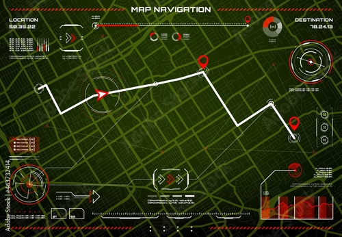 HUD navigation interface. Control of hazard, city map navigation screen. Vector digital dashboard with location arrow and red pins on route, graphs, charts and infographic graphs on green field