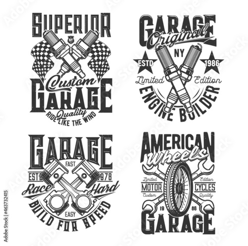Crossed engine pistons, spark plugs and wrenches t-shirt print template. Car repair service garage station, custom motorcycles mechanic, motorsport racing apparel vector print with vehicle spare parts