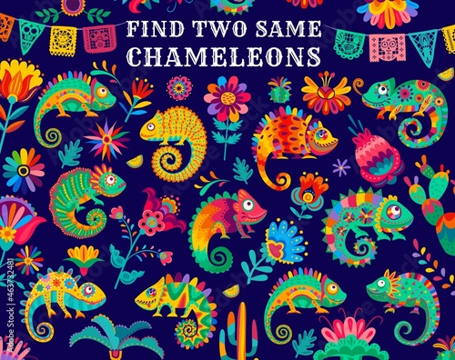 Find two same Mexican chameleon lizards, kids game riddle, vector. Find similar objects, puzzle or tabletop game worksheet with Mexican cactus and flowers on papel picado or fiesta flags