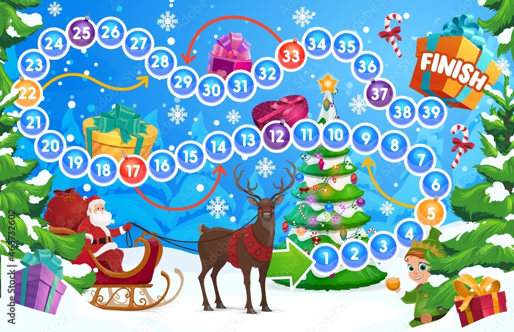 Naklejka premium Child winter holidays board game with Christmas tree and Santa. Children paying activity with dice throwing, kids educational boardgame. Santa riding sleigh in forest, reindeer and elf cartoon vector