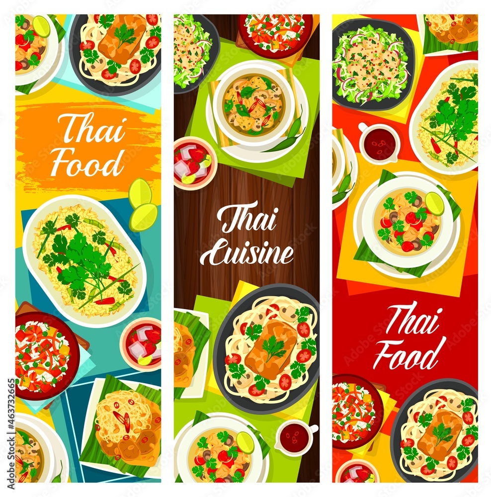 Thai cuisine vector mushroom soup tom klong hed ruam, chicken soup tom kha gai and lemongrass tea. Fish coconut curry, noodles with pork satay and peanut sauce, squid salad yam pra muek Thailand meals Thai cuisine vector mushroom soup tom klong hed ruam, chicken soup tom kha gai and lemongrass tea. Fish coconut curry, noodles with pork satay and peanut sauce, squid salad yam pra muek Thailand meals