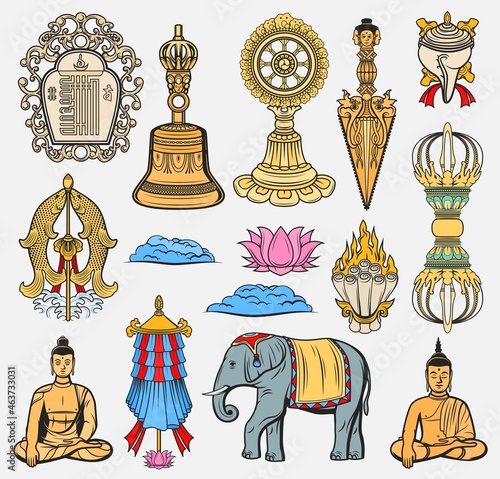 Buddhism, Indian religion sacred symbols. Meditating Buddha, two goldfishes and elephant, diamond Vajra, victory banner and lotus flower, Kila knife, conch shell and dharma wheel, kalachakra symbol