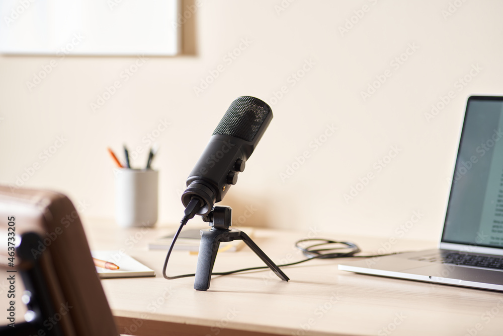 © Martí Sans/Stocksy - Microphone connected to netbook on table