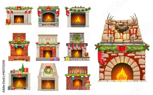 House fireplaces with Christmas decorations set. Stone, brick and marble fireplaces with fire, Christmas tree ornaments baubles, holly leaves and stocking, gifts, winter holiday wreath cartoon vector