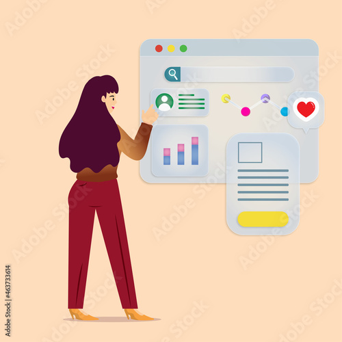 Confident young woman gives a report, businesswoman standing near flip chart and shows graphics, Business presentation concept vector illustration. icon and chart