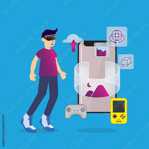 Man use vr technology concept. Can use for web banner, infographics, hero images. Flat  vector illustration. Smartphone an game icon