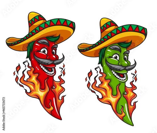 Cartoon mexican jalapeno or chili pepper mascot character in sombrero with fire flames. Mexican food hot spice happy smiling vector moustached personage, red and green chilli peppers in flames