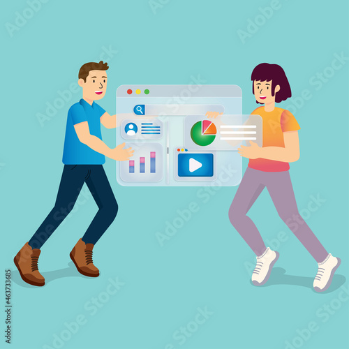 Man and woman organizing. Pair of people holding pie chart and diagram. Colorful vector illustration in modern flat cartoon style. teamwork