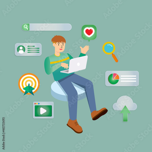 Man sitting with laptop. Vector illustration. Flat modern design of social networking